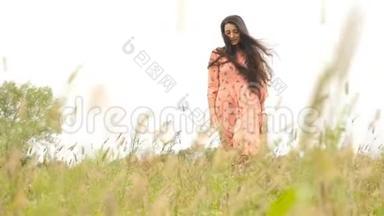 美丽的黑发，长发在田野的高大的草地上行走。 慢动作